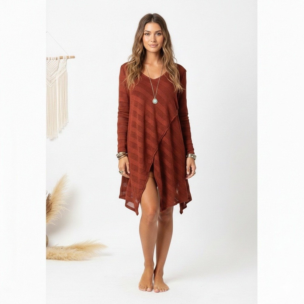 We the Free Layered Stripe Sheer Tunic Dress XS Rust Orange Boho Asymmetric
